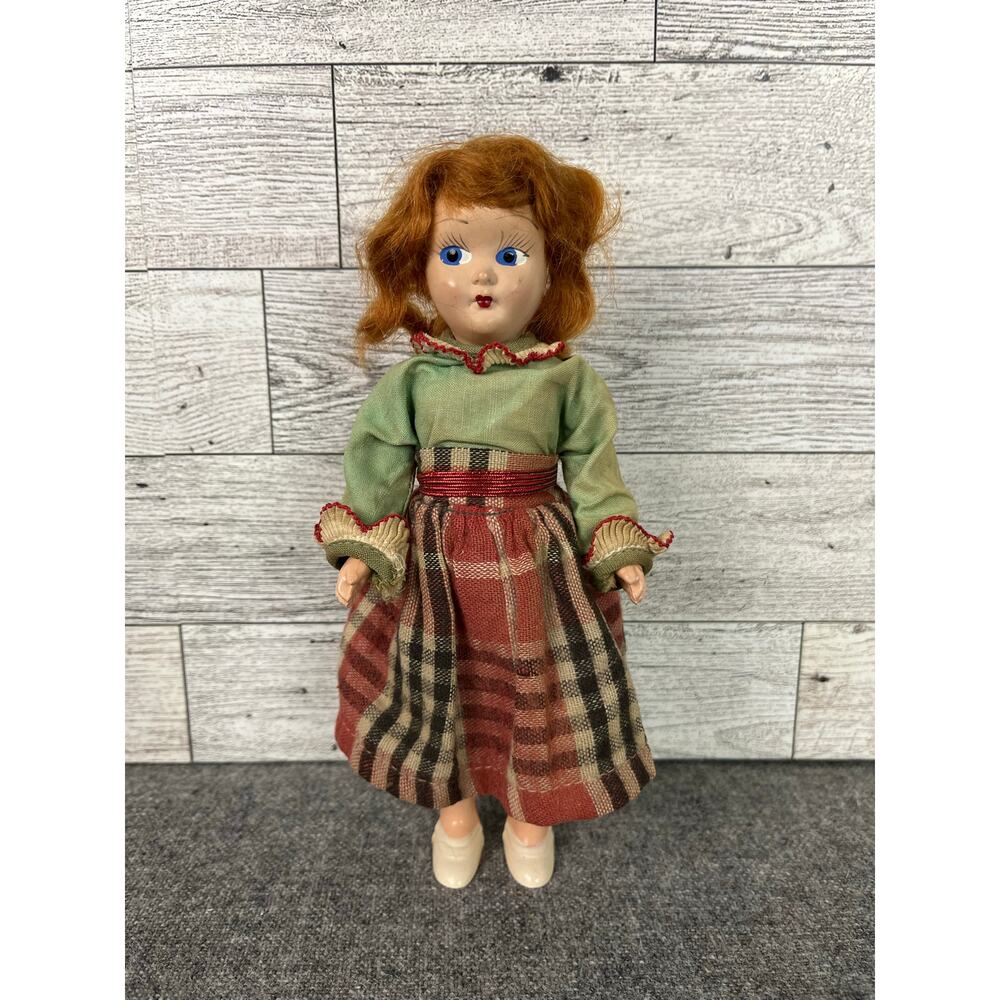 Vintage CHRISTMAS Hard Plastic DOLL GIRL Red Hair Plaid Dress 7.25in Holiday